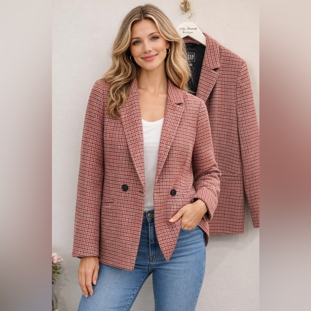 GAP Houndstooth Wool Blend Blazer Red Cream Double Breasted Jacket Casual Sz 20